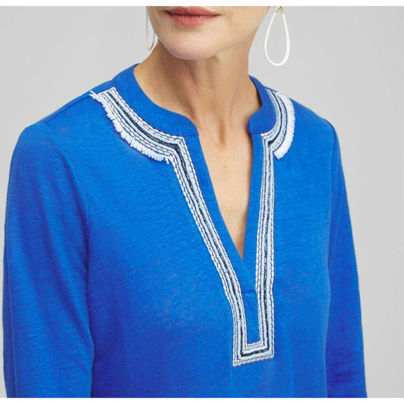 Chico's Stretch Linen Embellished Tunic Top Size Large /2 Blue Knit 3/4 Sleeve - Picture 4 of 10